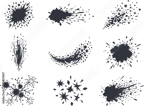 Set of abstract ink splatters and star burst vector design elements isolated on white background