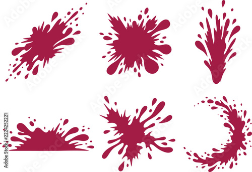 Set of six artistic dark red liquid wine splashes on white background