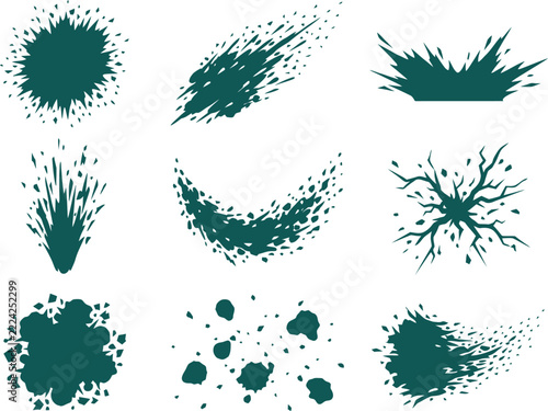 Set of abstract green ink splashes and dynamic explosion shapes isolated on white