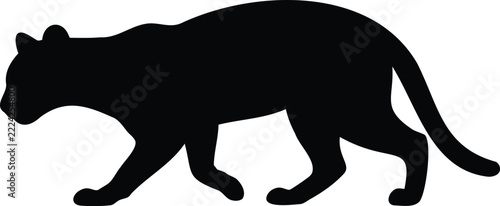 Black silhouette of an ocelot walking on a flat white surface animal