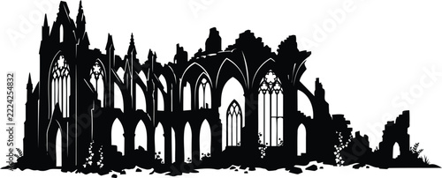 Black silhouette of gothic cathedral ruins with arches and broken walls architecture