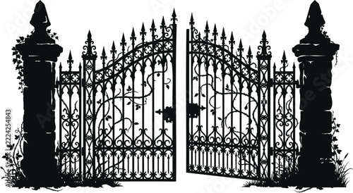 Black silhouette of ornate gothic cemetery gate with ivy and spiky grass gothic gate