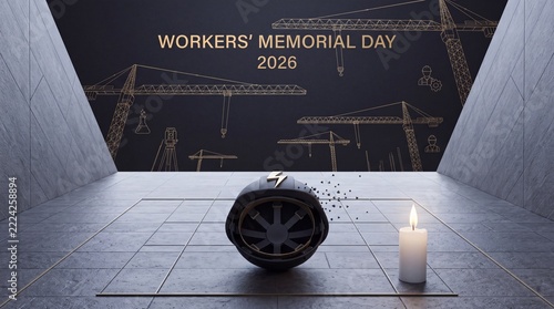 Solemn tribute for Workers' Memorial Day 2026 featuring a construction safety helmet and a lit candle against an industrial background with crane silhouettes for remembrance and safety awareness.