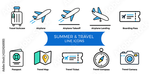 Global travel and tourism vacation solid glyph icon set featuring airplane cruise ship bullet train car suitcase globe pin map markers and palm trees vectors