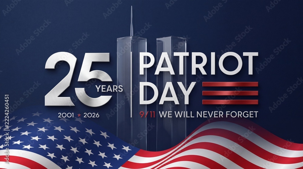 Naklejka premium Patriot Day 25th Anniversary Commemorative Graphic with American Flag and Twin Towers Skyline Silhouette, September 11 Memorial Background for We Will Never Forget Message 2001 to 2026