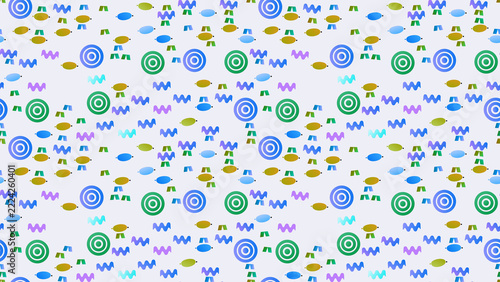 Seamless pattern of abstract fish, circles, and zig-zags