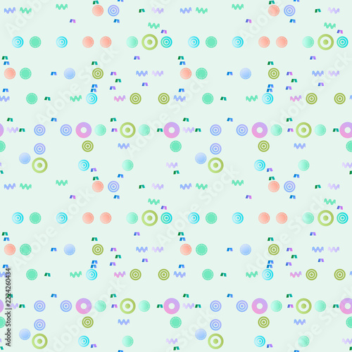 Seamless pattern of colorful geometric shapes and wavy lines