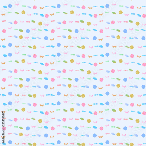 Seamless pattern of colorful umbrellas and abstract icons
