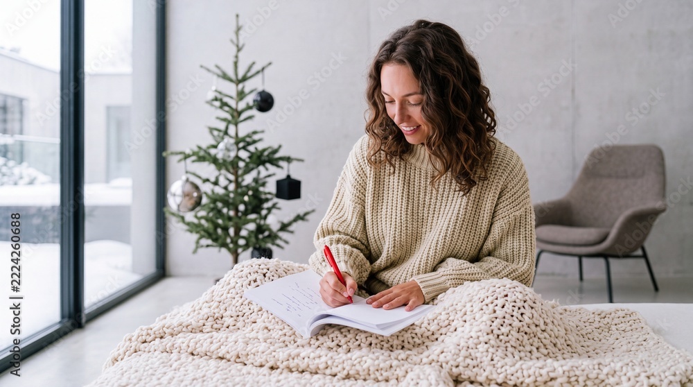 Naklejka premium Happy young woman sitting comfortably under a cozy chunky knit blanket at home, writing in her notebook or journal near a minimalist decorated Christmas tree during the festive winter holiday season.
