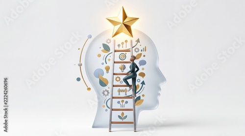 Conceptual illustration of a person climbing a ladder inside a human head profile towards a golden star, symbolizing personal growth, career advancement, mindset upgrade, and professional success.