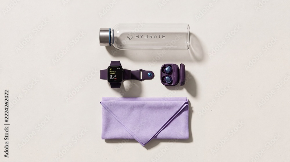 Naklejka premium Top down flat lay of fitness and gym essentials including a clear glass water bottle, a purple smartwatch with workout stats, wireless earbuds, and a purple microfiber towel on a white surface
