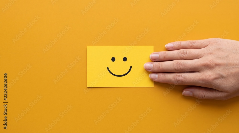 Naklejka premium Top down view of a hand touching a yellow card with a happy smiley face icon on a yellow background, representing customer satisfaction, positive feedback, optimism, and mental health awareness.