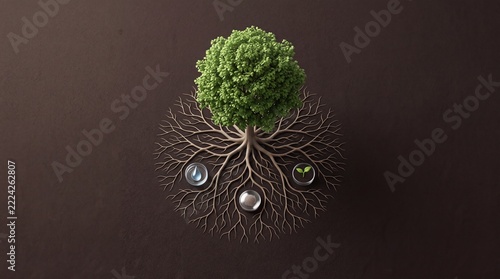 Top Down Overhead View of a Lush Green Tree with Extensive Intricate Root System and Conceptual Icons Representing Water Seed and Sprout Growth on a Dark Textured Background