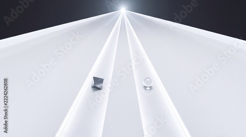 Minimalist abstract concept featuring white perspective lines leading to a bright light source with a crystal sphere and pyramid on a glossy surface, symbolizing future path and vision.