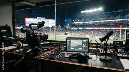 sports media workspace with broadcasting camera and microphone in stadium box