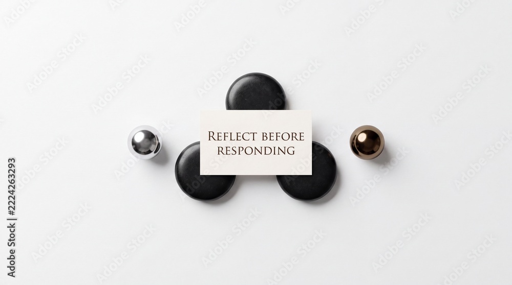 Naklejka premium Minimalist Zen Composition with Smooth Black Stones and Metallic Spheres Featuring a Card with the Quote Reflect Before Responding on a Clean White Background for Communication Concept