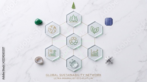 Global sustainability network concept with hexagonal glass tiles displaying environmental icons like recycling, green energy, and earth on a minimalist white marble flat lay background.