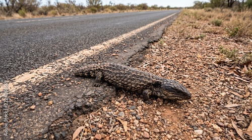 Environmental documentary of a wild Shingleback lizard crossing an outback asphalt road