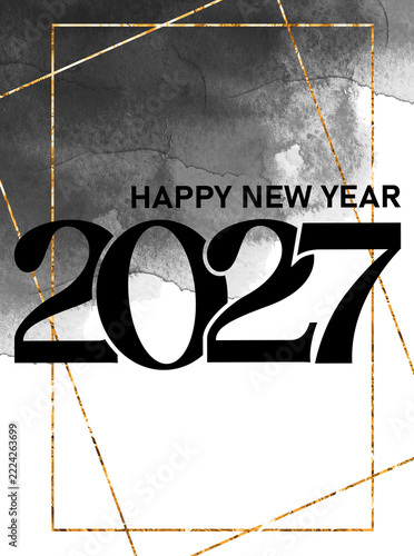 2027 Happy New Year Card with Golden frame on the Black and White watercolor background, Modern aesthetic design Gray tones with texture Gold foil frame 