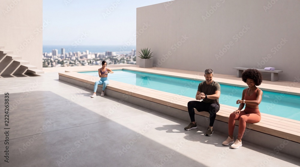 Naklejka premium Diverse group of active friends in sportswear checking their smartwatches by a luxury rooftop pool with a panoramic city view background, concept of fitness tracking and healthy lifestyle.