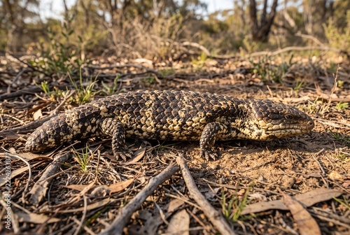 Side profile macro of a wild Shingleback lizard resting on dry outback dirt