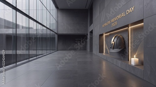 Modern Memorial Hall with Safety Helmet and Lit Candle Commemorating Workers' Memorial Day 2026, Wide Context Interior Design for Industrial Remembrance and Workplace Safety Tribute