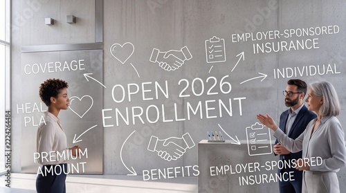Group of diverse professional colleagues discussing open enrollment 2026 health insurance benefits and coverage options in a modern corporate setting with graphic business data overlays