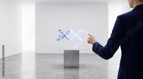 Futuristic Scientist Interacting with a Glowing Holographic DNA Double Helix in a Minimalist High-Tech Laboratory for Genetic Research and Biotechnology Innovation
