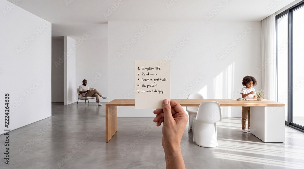 Naklejka premium A person holding a handwritten list of mindfulness goals like simplify life and practice gratitude in a bright minimalist home interior with a father and child in the background for slow living