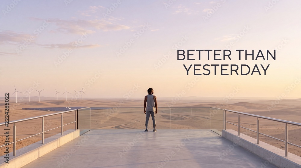 Naklejka premium Back view of a determined athletic man standing on a modern observation deck looking at a renewable energy farm with wind turbines and solar panels in the desert with Better Than Yesterday text.