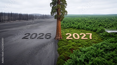 Environmental restoration concept showing a transition from a burnt dead forest landscape in 2026 to a lush green thriving ecosystem in 2027 divided by a giant sequoia tree symbolizing hope.