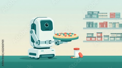 Robot delivering pizza in a modern kitchen setting