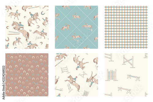Seamless equestrian pattern collection with horse riders, show jumping obstacles, horseshoes, plaid and argyle designs in pastel beige, dusty pink and blue colors