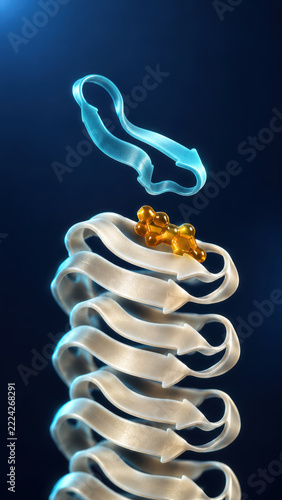 Protein structure molecular aggregation, residue hotspot, and strand blocking illustrated as luminous scientific model against dark blue background