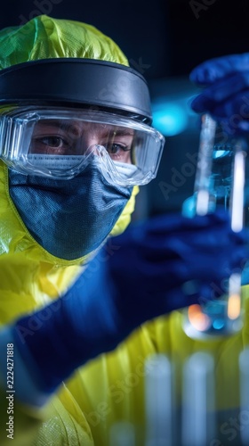 A scientist in protective gear carefully examines test tubes in a laboratory setting