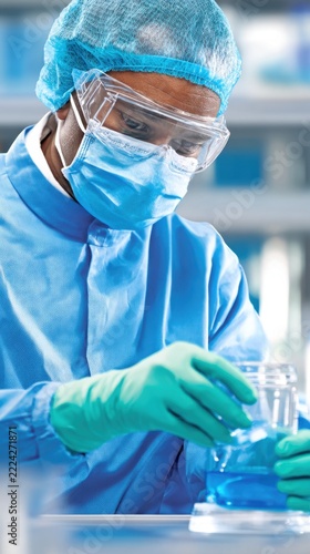 A researcher in protective gear meticulously examines a container of liquid in a lab setting