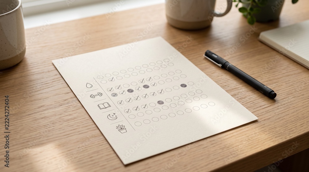 Obraz premium Minimalist Daily Planner with Icons on Wooden Desk