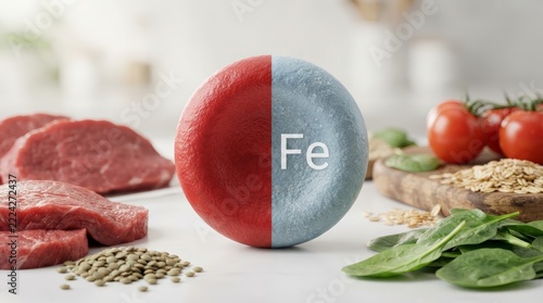 Nutritious foods including meat, spinach, and lentils surrounding a microscopic red blood cell depicting iron levels.