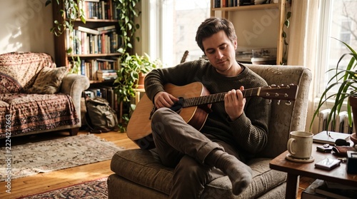 Man Playing Guitar in Cozy Living Room with Bookshelves and Plants