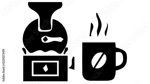 Black coffee grinder and steaming mug icons. Minimalist flat vector illustration. Espresso bean symbol on cup for cafe branding.