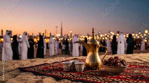 Traditional Arabic coffee pot and dates on a rug with people at sunset in Dubai city