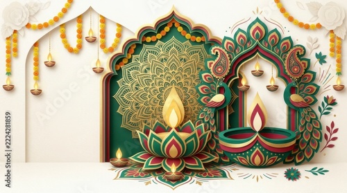 Diwali card background with paper cut lotus diya lamp, gold mandala pattern, and marigold flower garland. Clean white Indian festival of lights template with copy space for banner.