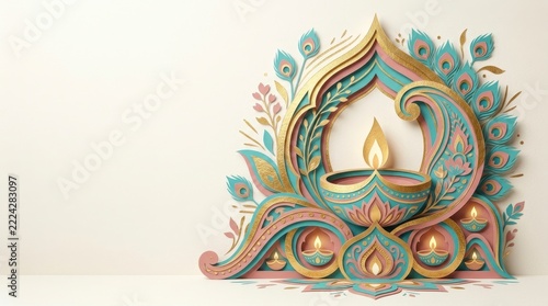 Diwali festival template with paper cut peacock arch and glowing oil diya lamp on clean off-white background. Elegant Indian festival of lights banner with copy space.