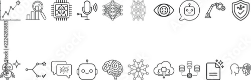 Artificial intelligence icon set featuring machine learning neural network microchip processor and data server