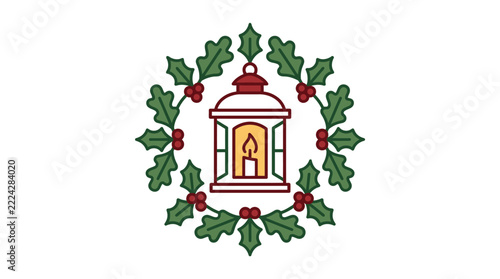 Christmas lantern surrounded by a decorative holly and berry wreath.