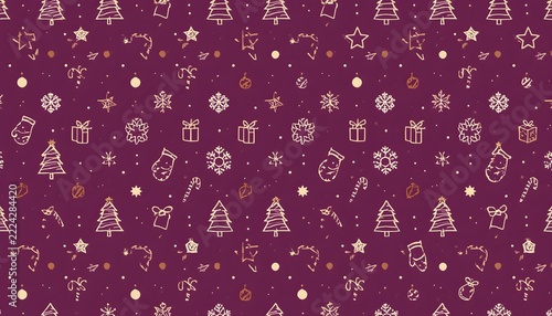 Christmas seamless pattern with cream line art trees, stars, mittens, candy canes and snowflakes on deep plum purple background