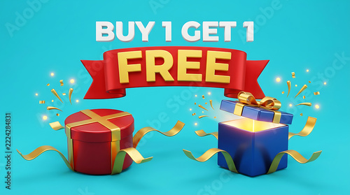 Promotional advertisement for buy one get one free with gift boxes on a cyan background