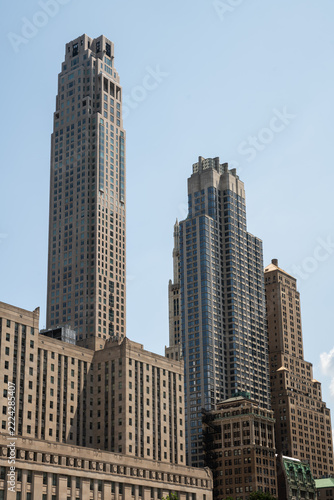 2019 New York City, USA; Tall skyscrapers including 30 Park Place tower against clear sky in Lower Manhattan