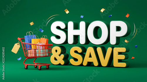 Promotional advertisement for shop and save with shopping cart on a green background