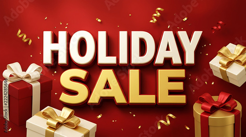 Promotional advertisement for holiday sale with gift boxes on a red background